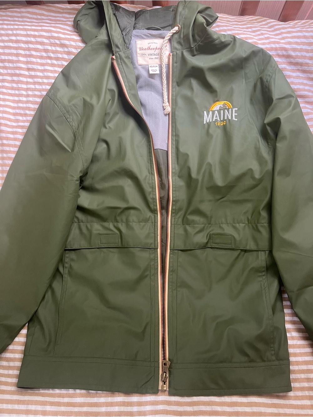 Olive Green Hooded Raincoat with Maine Logo